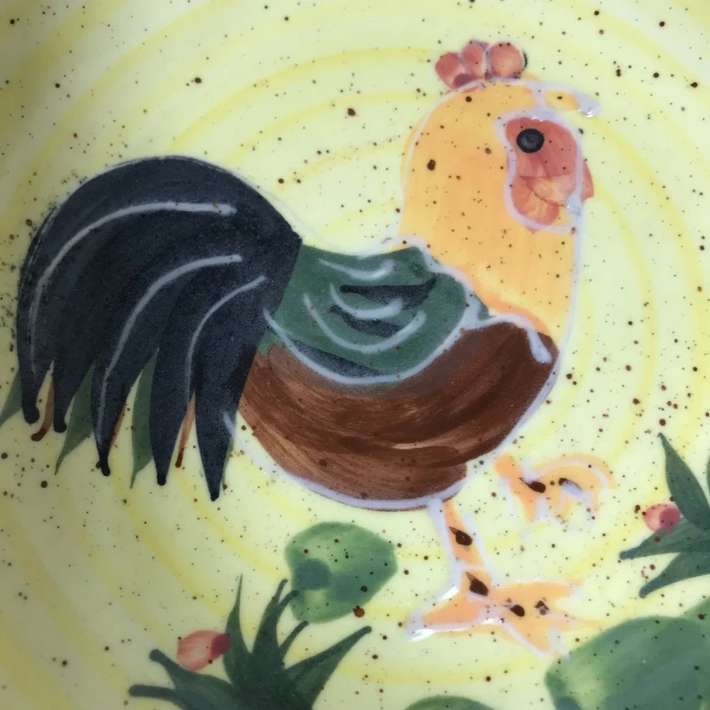 Hand Painted Tuscan Rooster Serving Bowl Chicken Farmhouse Decor 8.5” Yellow